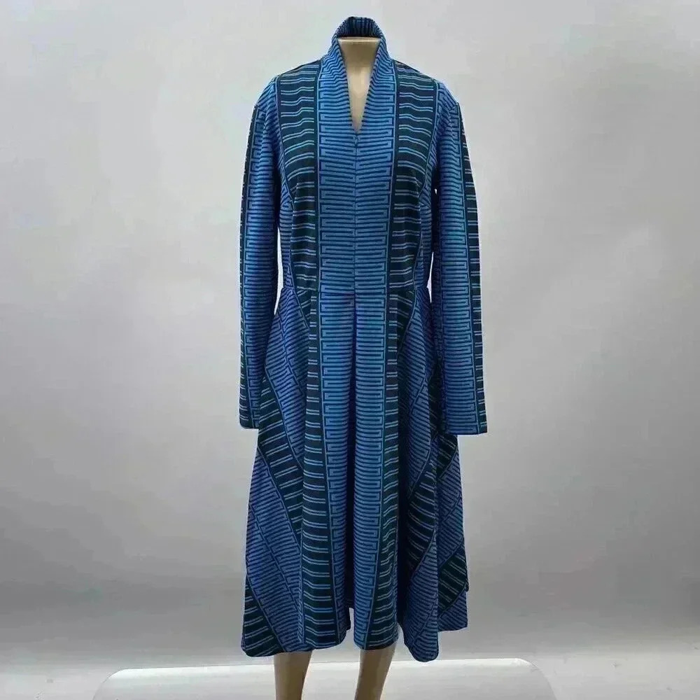 Marc Bouwer Unlimited Women's Blue Black Geometric Long Sleeve Midi Dress Small